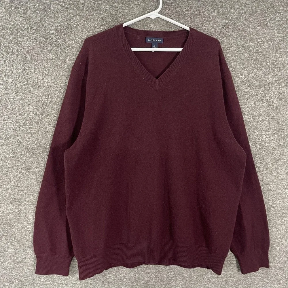 Lands' End Sweater Mens XL Red 100% Cashmere V Neck Knit Pullover Solid